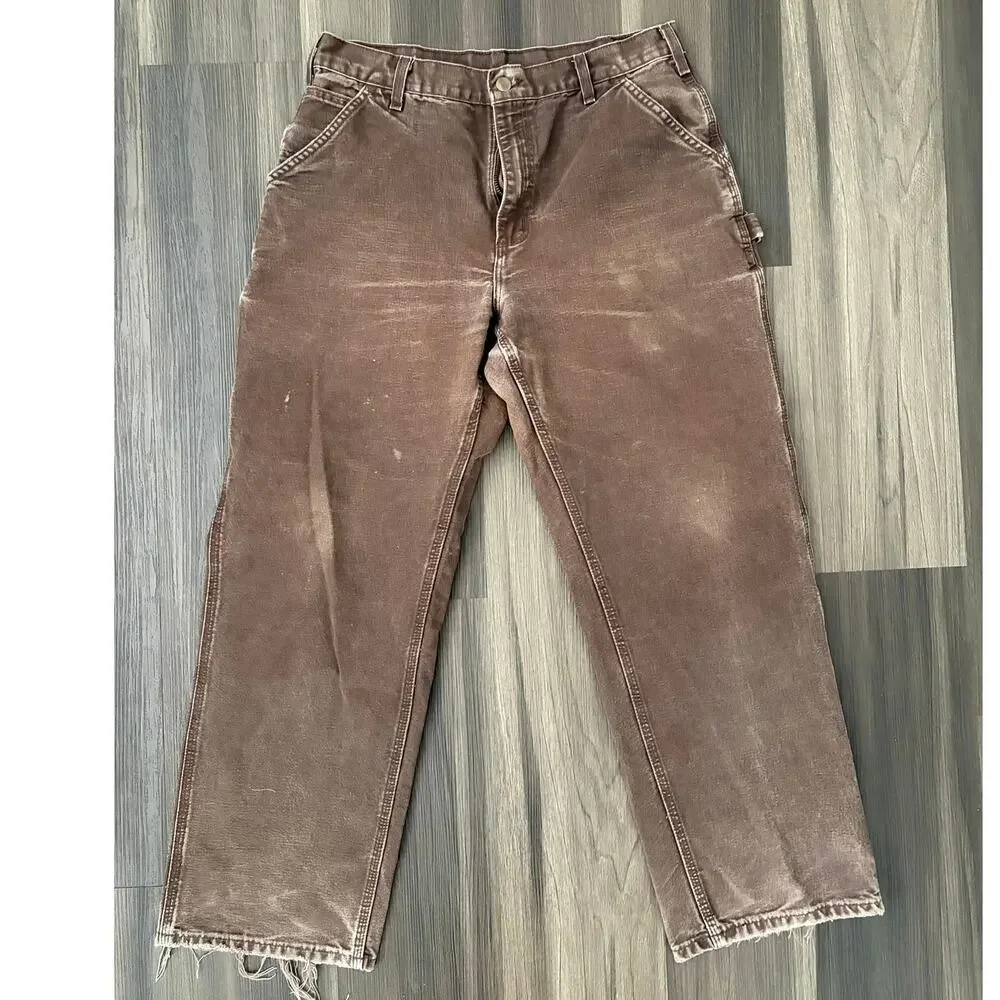 Carhartt thrashed Dungaree fit jeans 34x32 Mens cargo brown distressed workwear